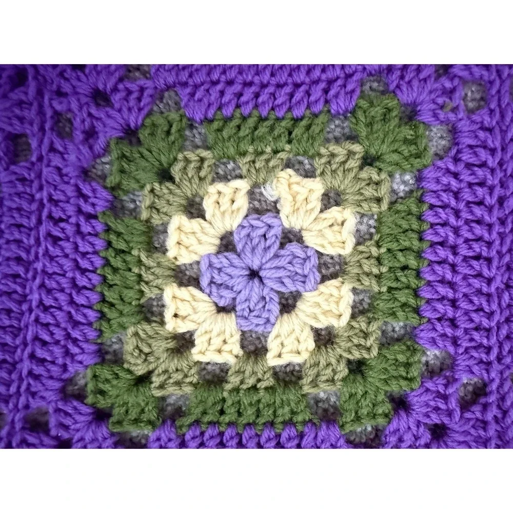 Groovy Granny Square Handmade Crocheted Afghan Throw Blanket 48x70 Purple Green